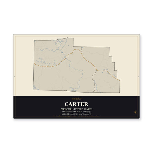 Carter County, Missouri Map Aluminum Sign in Museum Plaque style
