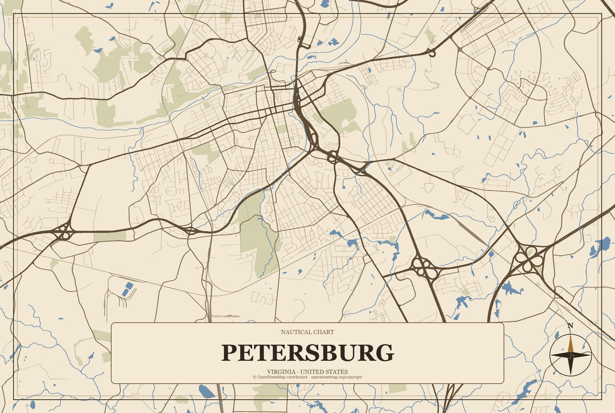 Petersburg, Virginia City Map Aluminum Sign in Heritage Nautical style