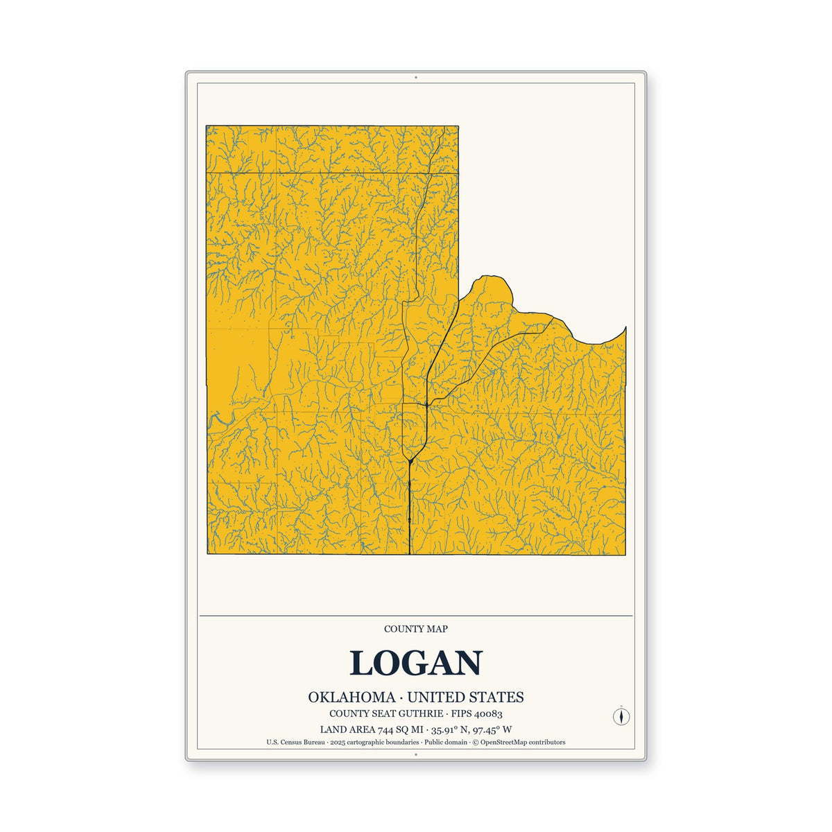 Logan County, Oklahoma Map Aluminum Sign in Citrine Modern style