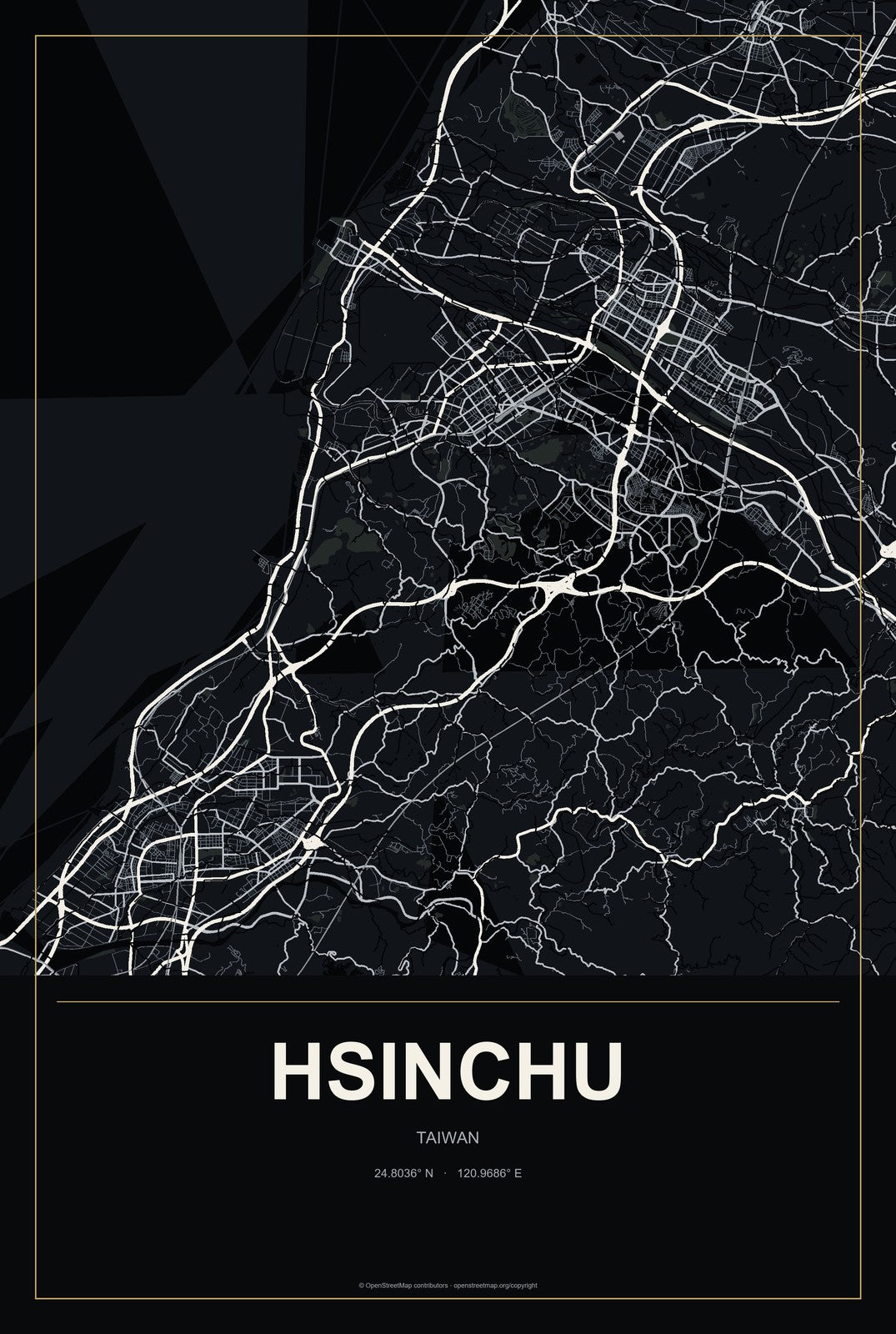Hsinchu, Taiwan City Map Aluminum Sign in Metropolitan Noir style