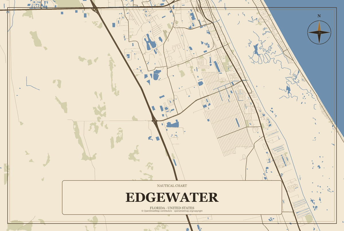 Edgewater, Florida City Map Aluminum Sign in Heritage Nautical style