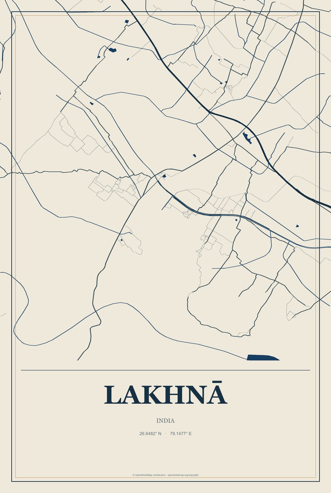 Lakhnā, India City Map Aluminum Sign in Coastal Cutout style