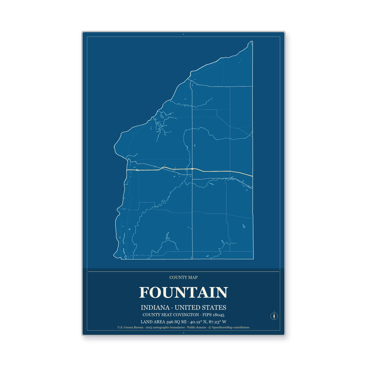 Fountain County, Indiana Map Aluminum Sign in Harbor Cobalt style