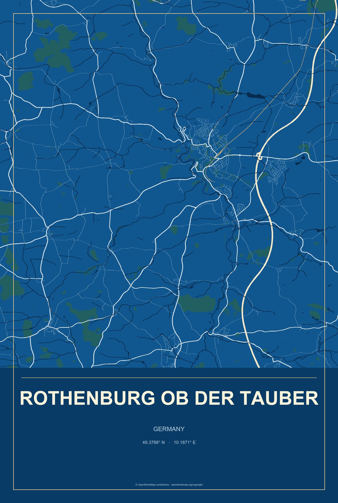 Rothenburg ob der Tauber, Germany City Map Aluminum Sign in Harbor Cobalt style