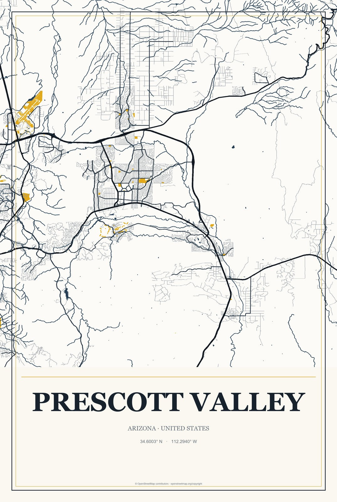 Prescott Valley, Arizona City Map Aluminum Sign in Citrine Modern style