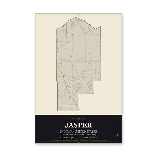Jasper County, Indiana Map Aluminum Sign in Museum Plaque style