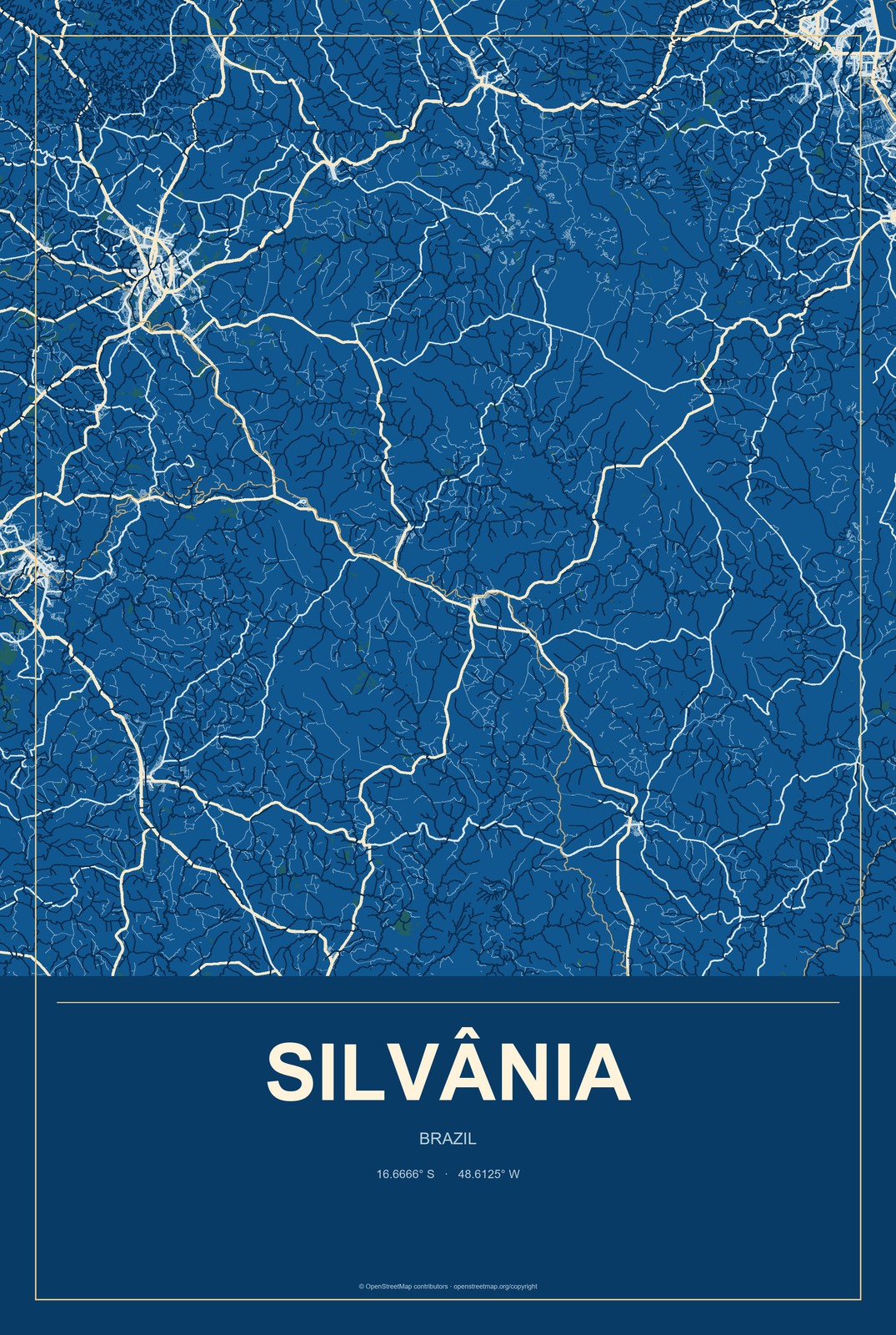 Silvânia, Brazil City Map Aluminum Sign in Harbor Cobalt style