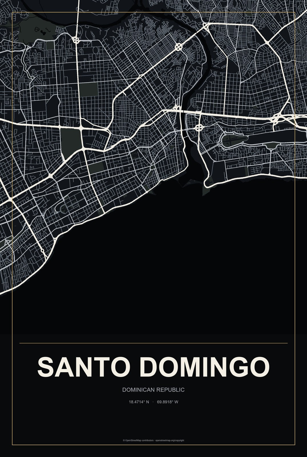 Santo Domingo, Dominican Republic City Map Aluminum Sign in Metropolitan Noir style