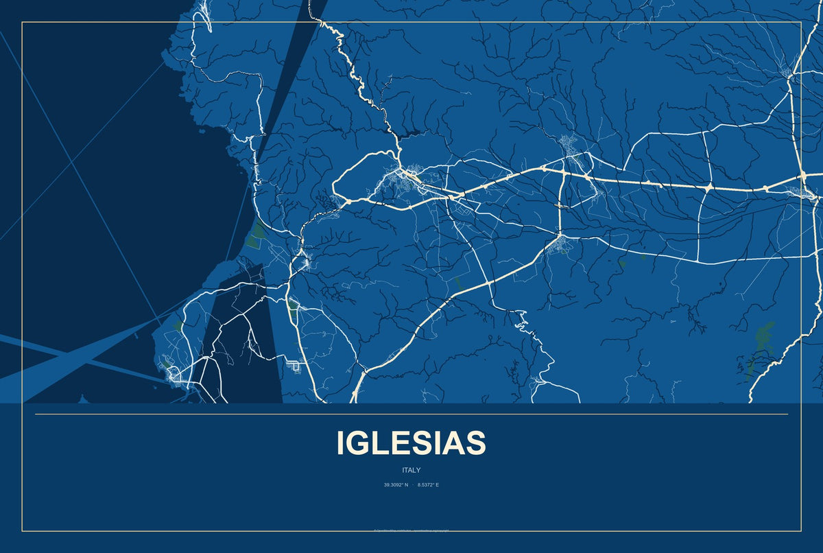 Iglesias, Italy City Map Aluminum Sign in Harbor Cobalt style