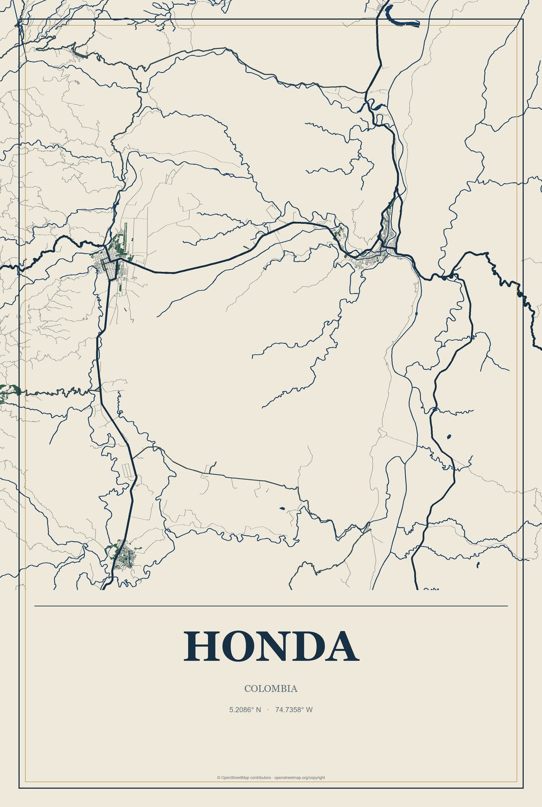 Honda, Colombia City Map Aluminum Sign in Coastal Cutout style