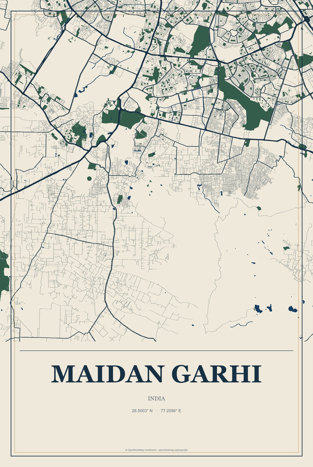 Maidan Garhi, India City Map Aluminum Sign in Coastal Cutout style