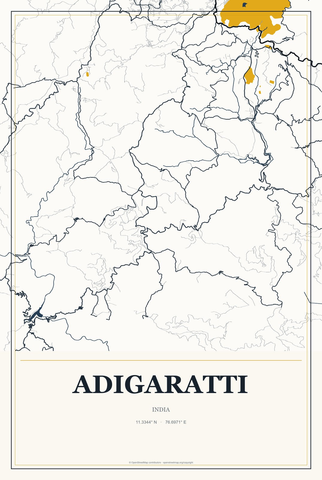 Adigaratti, India City Map Aluminum Sign in Citrine Modern style