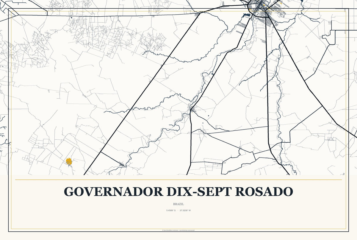 Governador Dix-Sept Rosado, Brazil City Map Aluminum Sign in Citrine Modern style