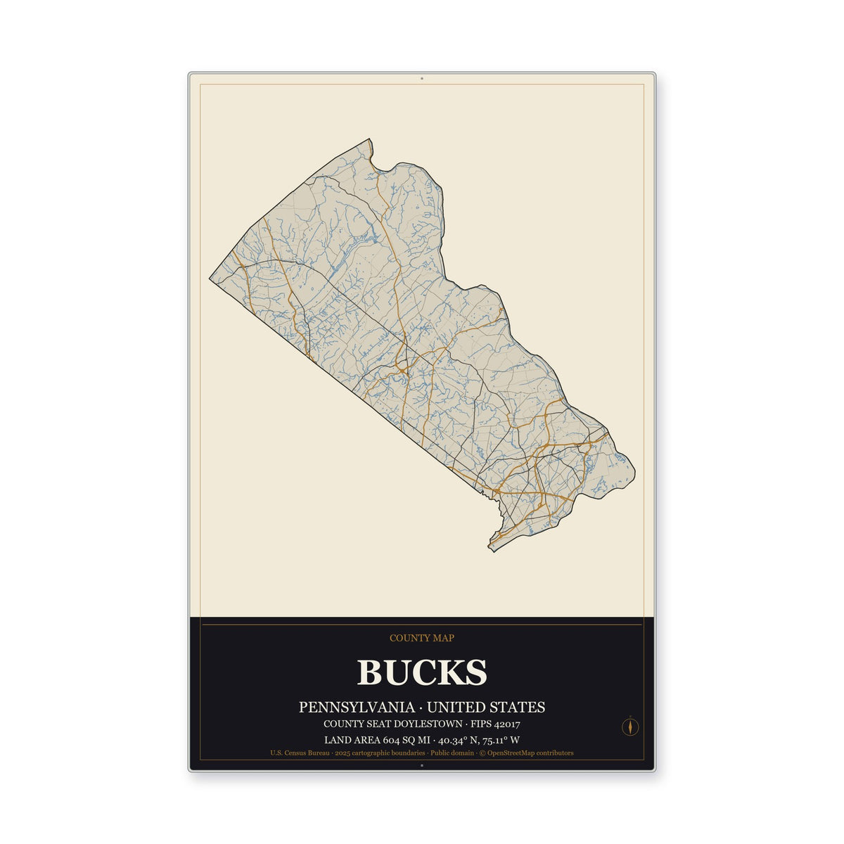 Bucks County, Pennsylvania Map Aluminum Sign in Museum Plaque style