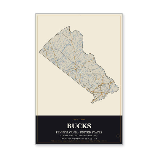 Bucks County, Pennsylvania Map Aluminum Sign in Museum Plaque style