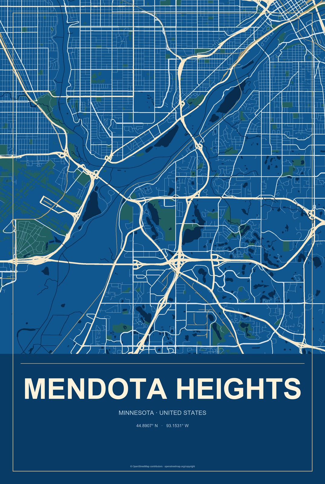 Mendota Heights, Minnesota City Map Aluminum Sign in Harbor Cobalt style