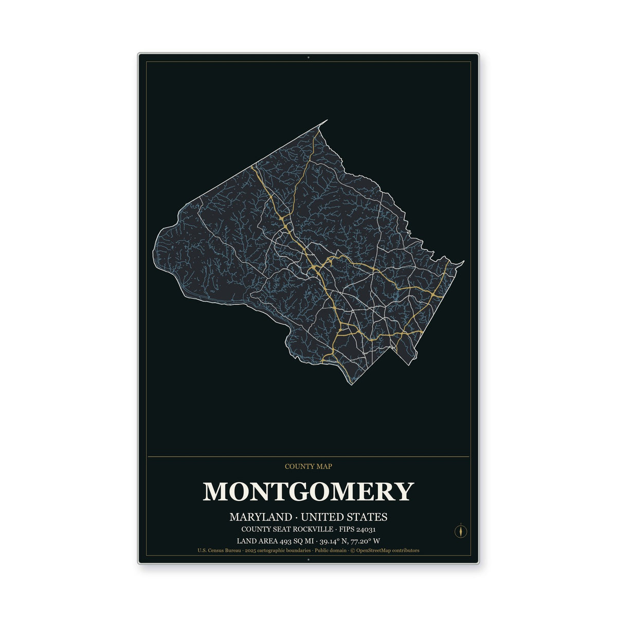 Montgomery County, Maryland Map Aluminum Sign in Metropolitan Noir style
