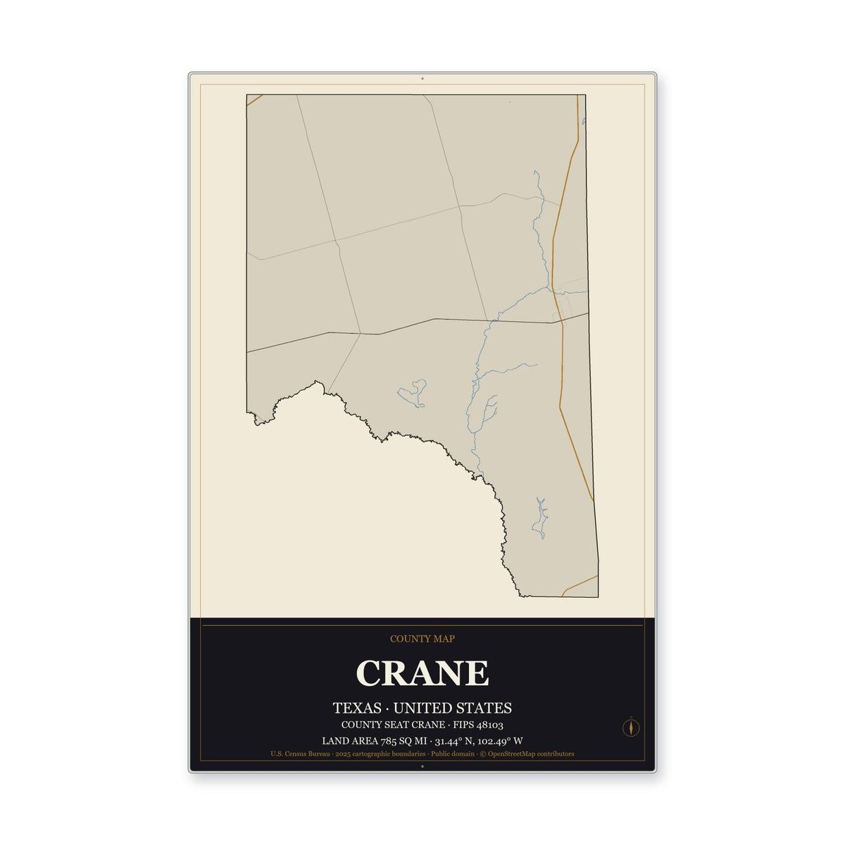 Crane County, Texas Map Aluminum Sign in Museum Plaque style