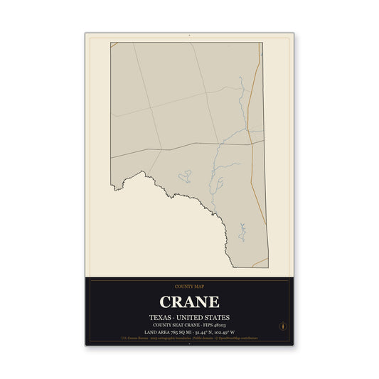 Crane County, Texas Map Aluminum Sign in Museum Plaque style
