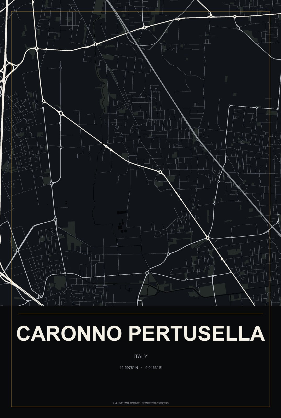 Caronno Pertusella, Italy City Map Aluminum Sign in Metropolitan Noir style