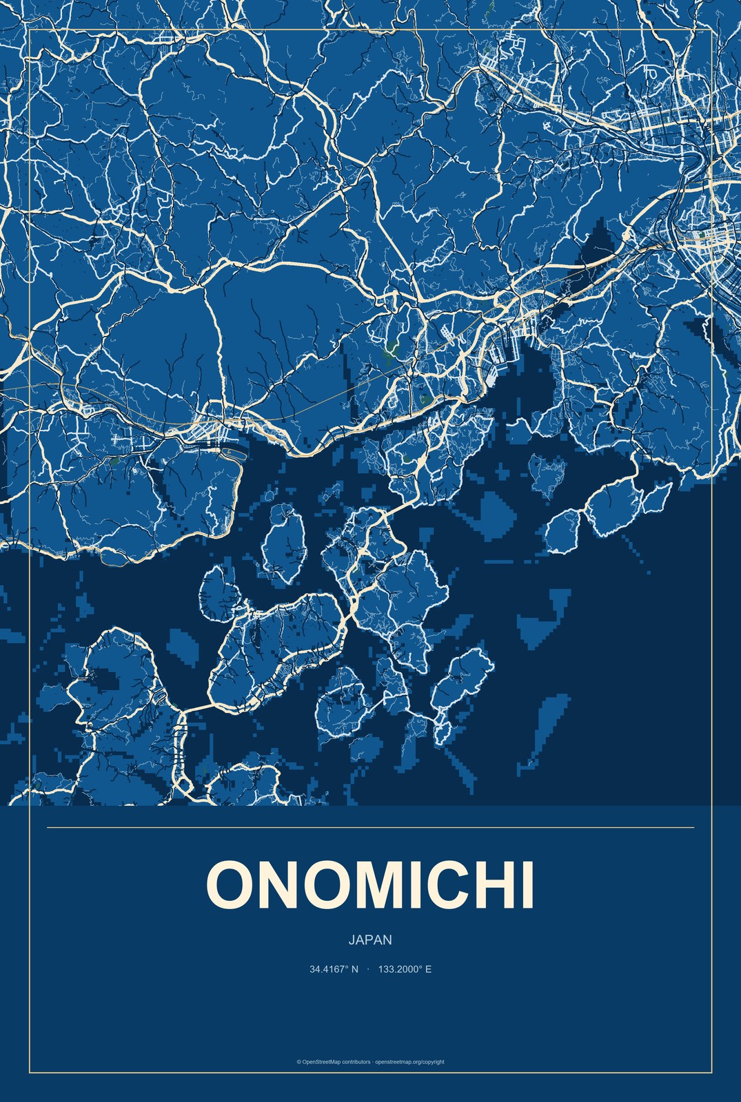 Onomichi, Japan City Map Aluminum Sign in Harbor Cobalt style