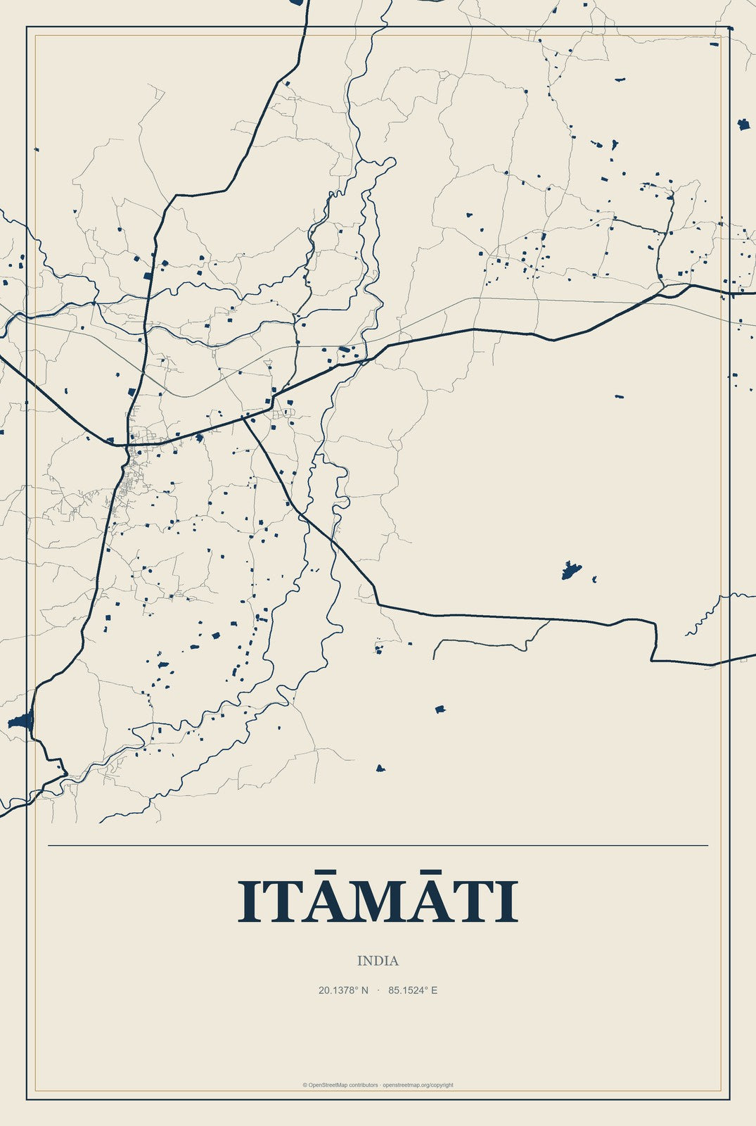 Itāmāti, India City Map Aluminum Sign in Coastal Cutout style
