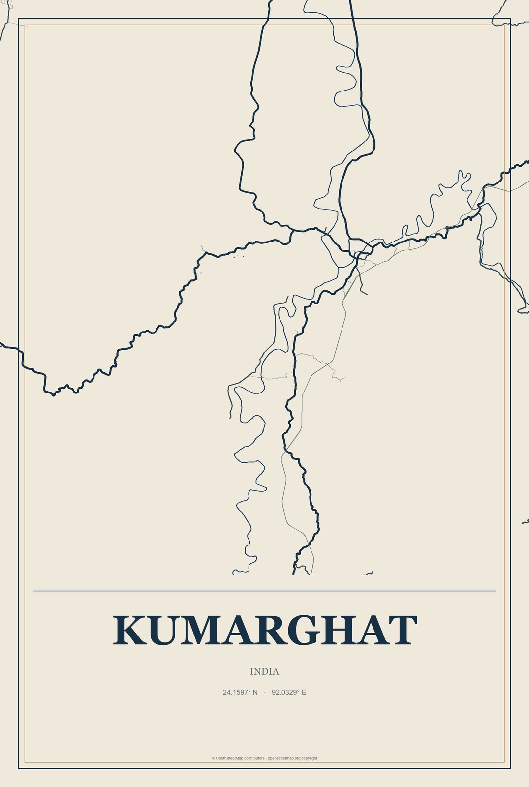Kumarghat, India City Map Aluminum Sign in Coastal Cutout style