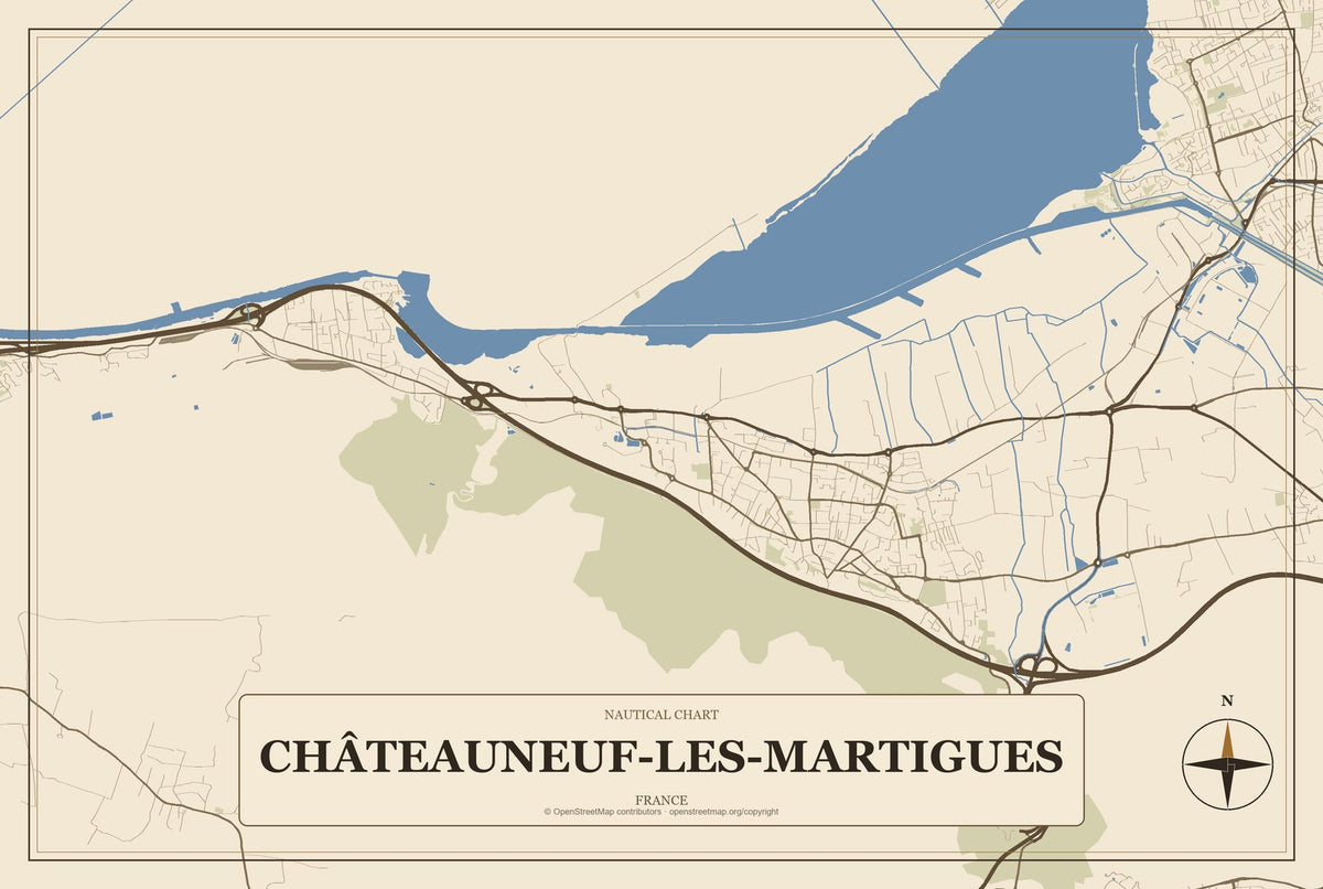 Châteauneuf-les-Martigues, France City Map Aluminum Sign in Heritage Nautical style