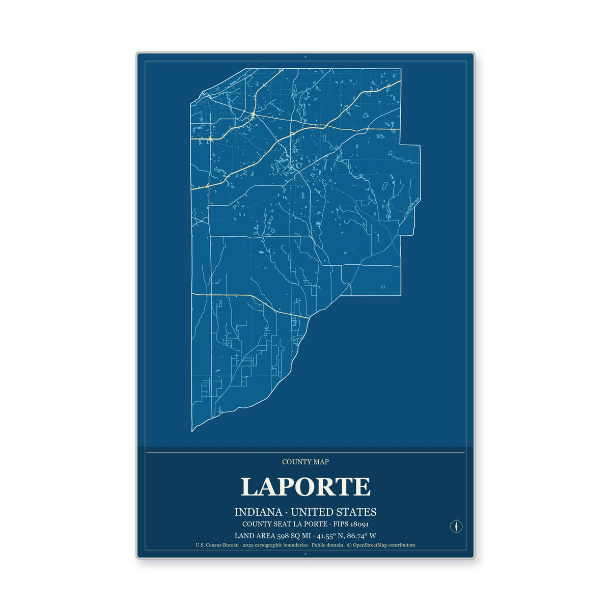 LaPorte County, Indiana Map Aluminum Sign in Harbor Cobalt style