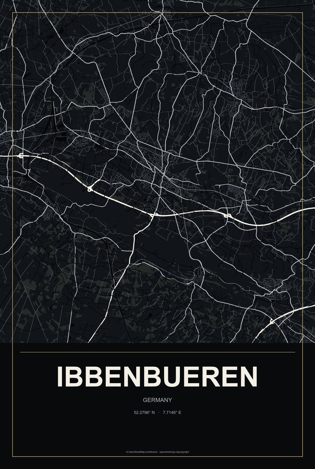 Ibbenbueren, Germany City Map Aluminum Sign in Metropolitan Noir style