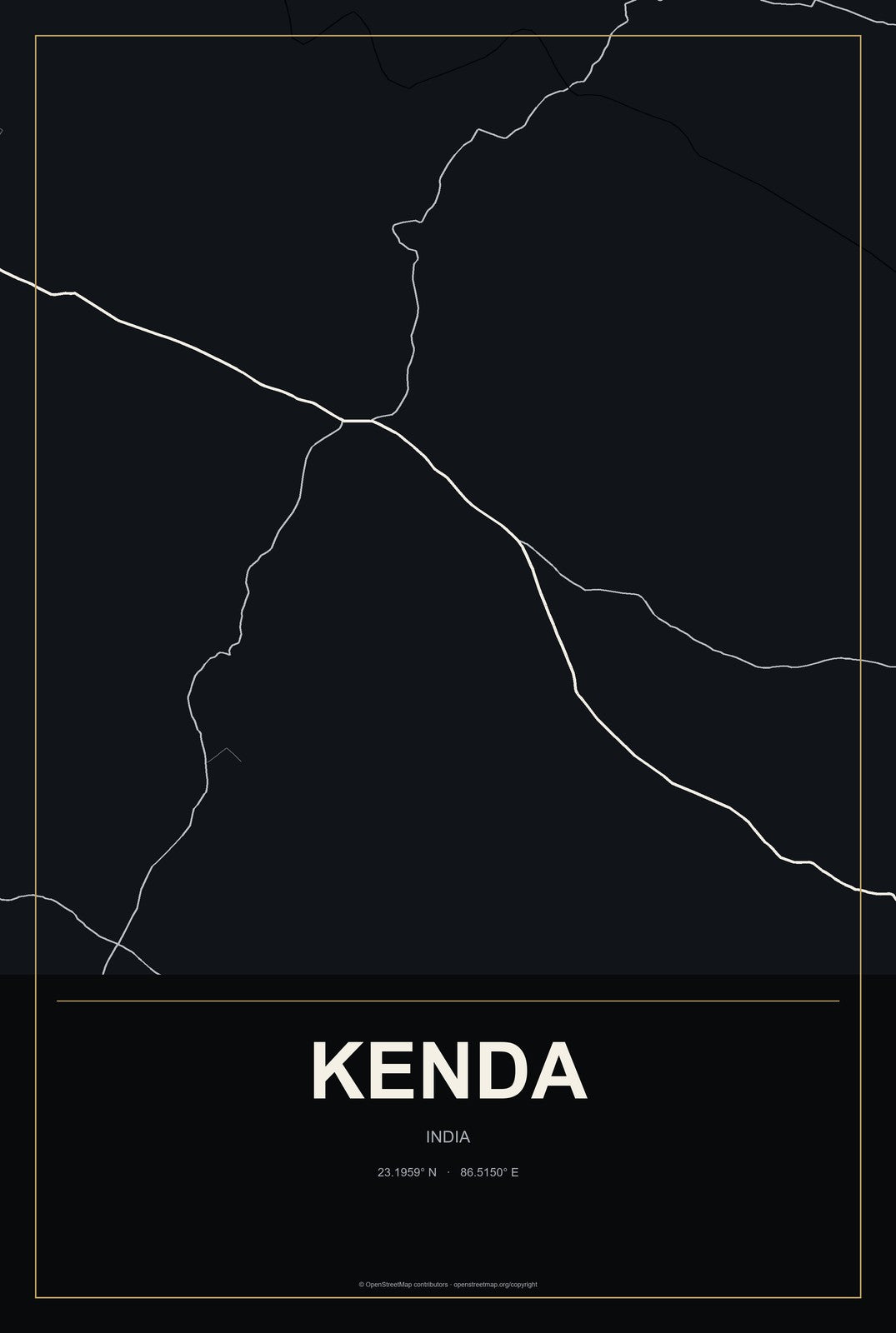 Kenda, India City Map Aluminum Sign in Metropolitan Noir style