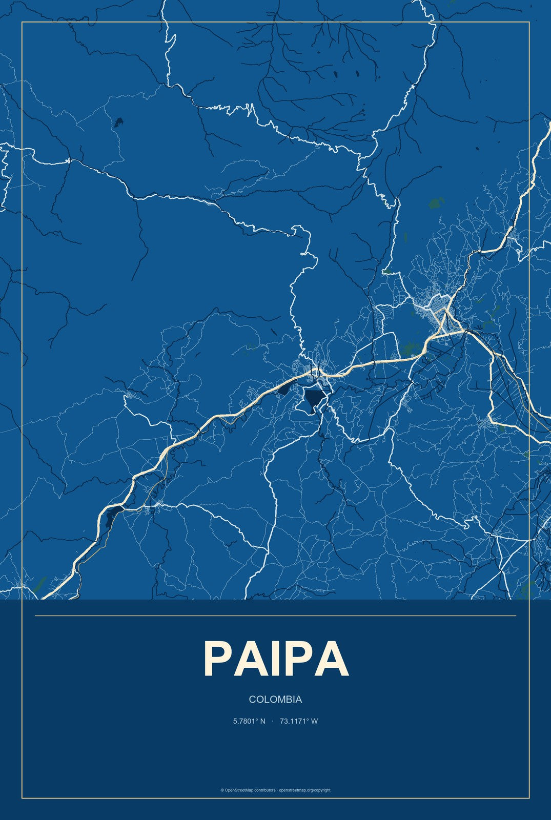 Paipa, Colombia City Map Aluminum Sign in Harbor Cobalt style