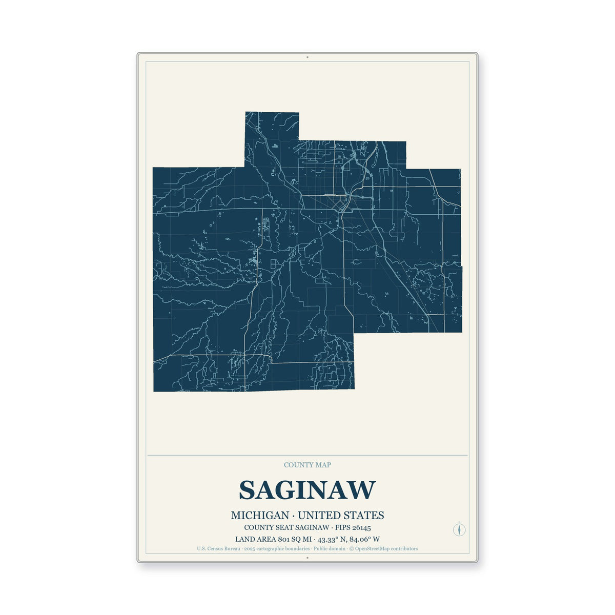 Saginaw County, Michigan Map Aluminum Sign in Coastal Cutout style