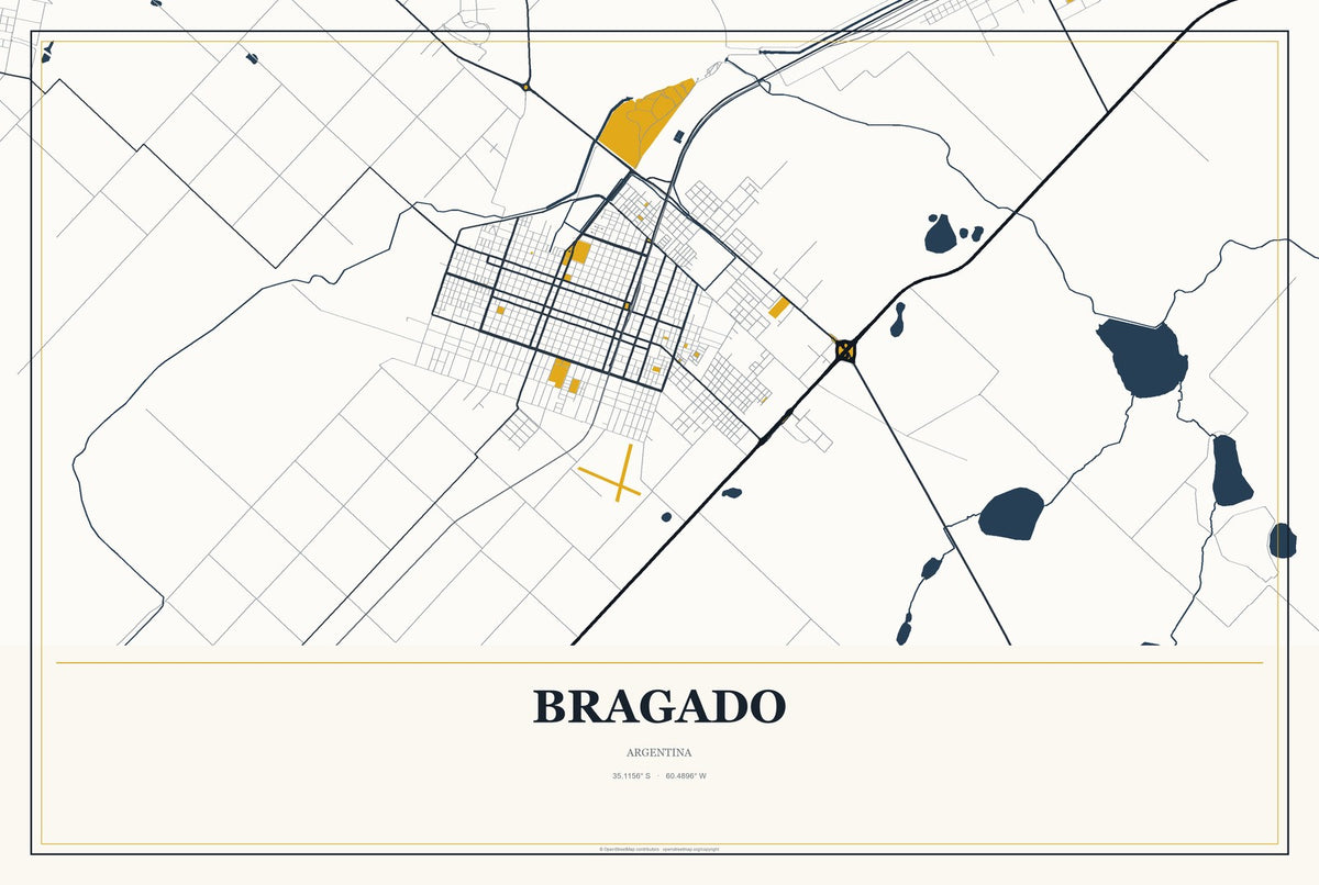 Bragado, Argentina City Map Aluminum Sign in Citrine Modern style