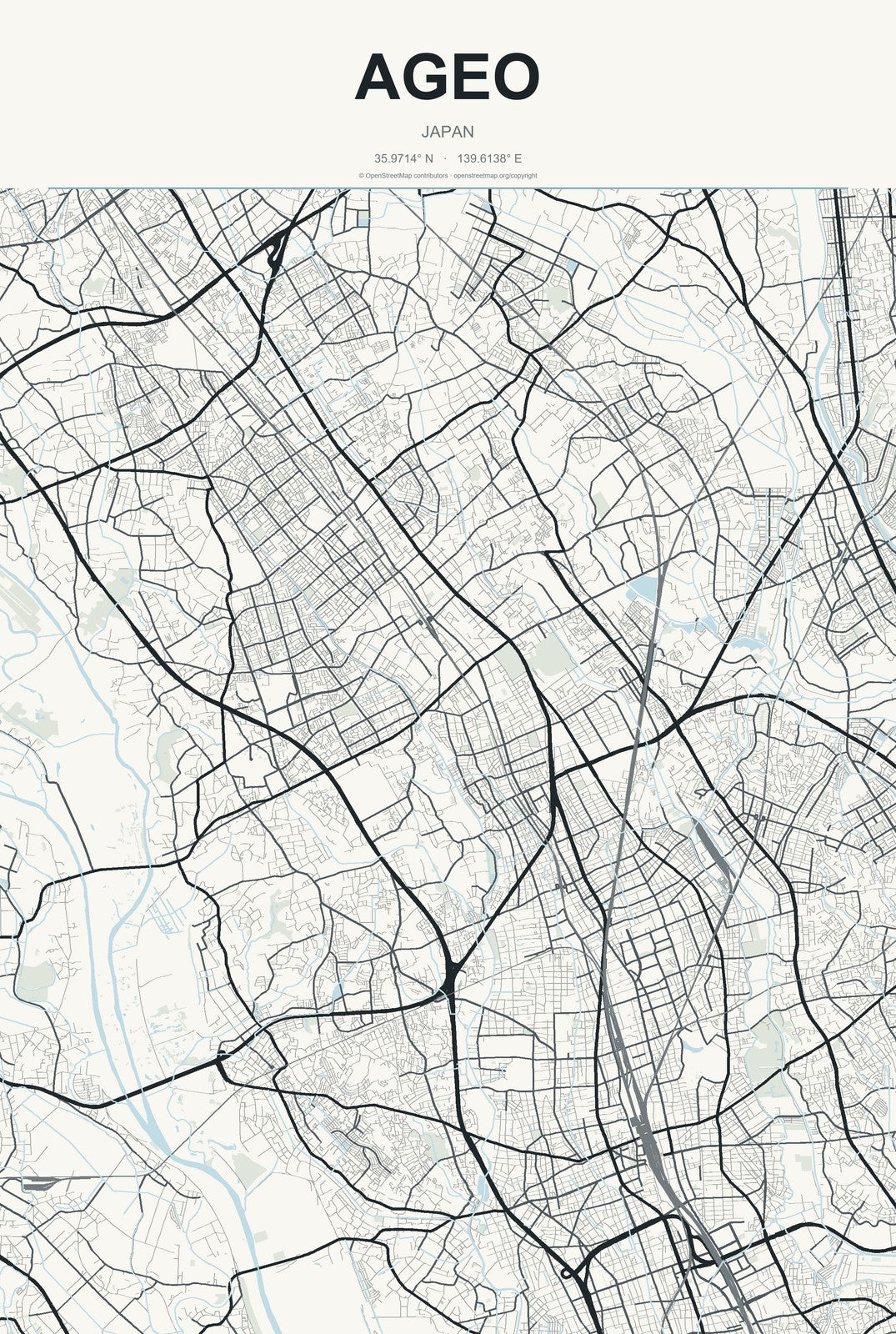 Ageo, Japan City Map Aluminum Sign in Headline Atlas style