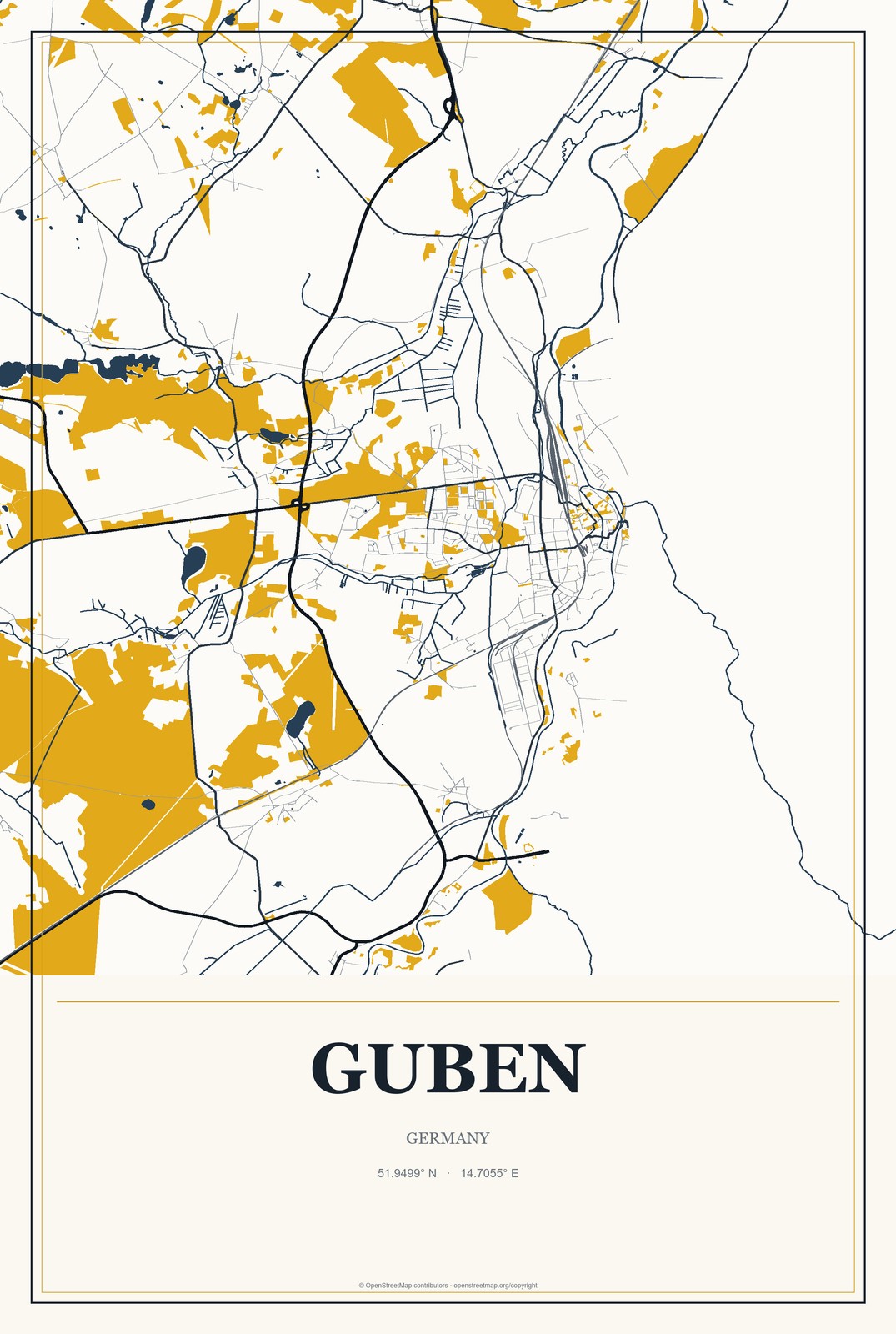 Guben, Germany City Map Aluminum Sign in Citrine Modern style