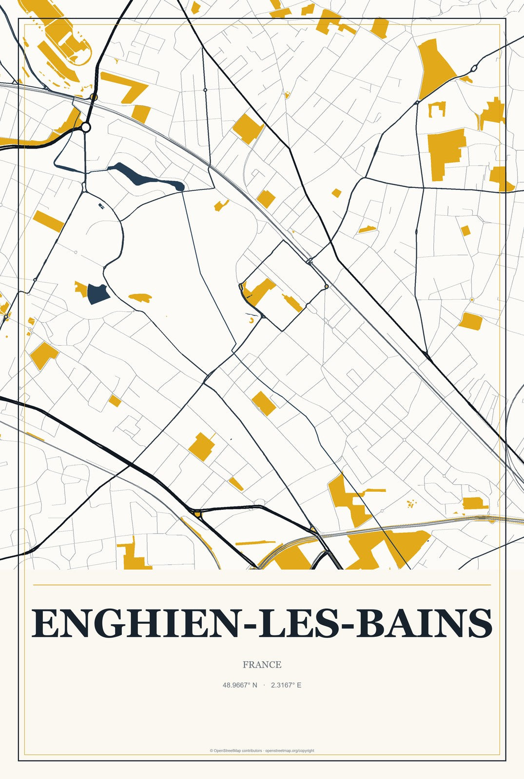 Enghien-les-Bains, France City Map Aluminum Sign in Citrine Modern style