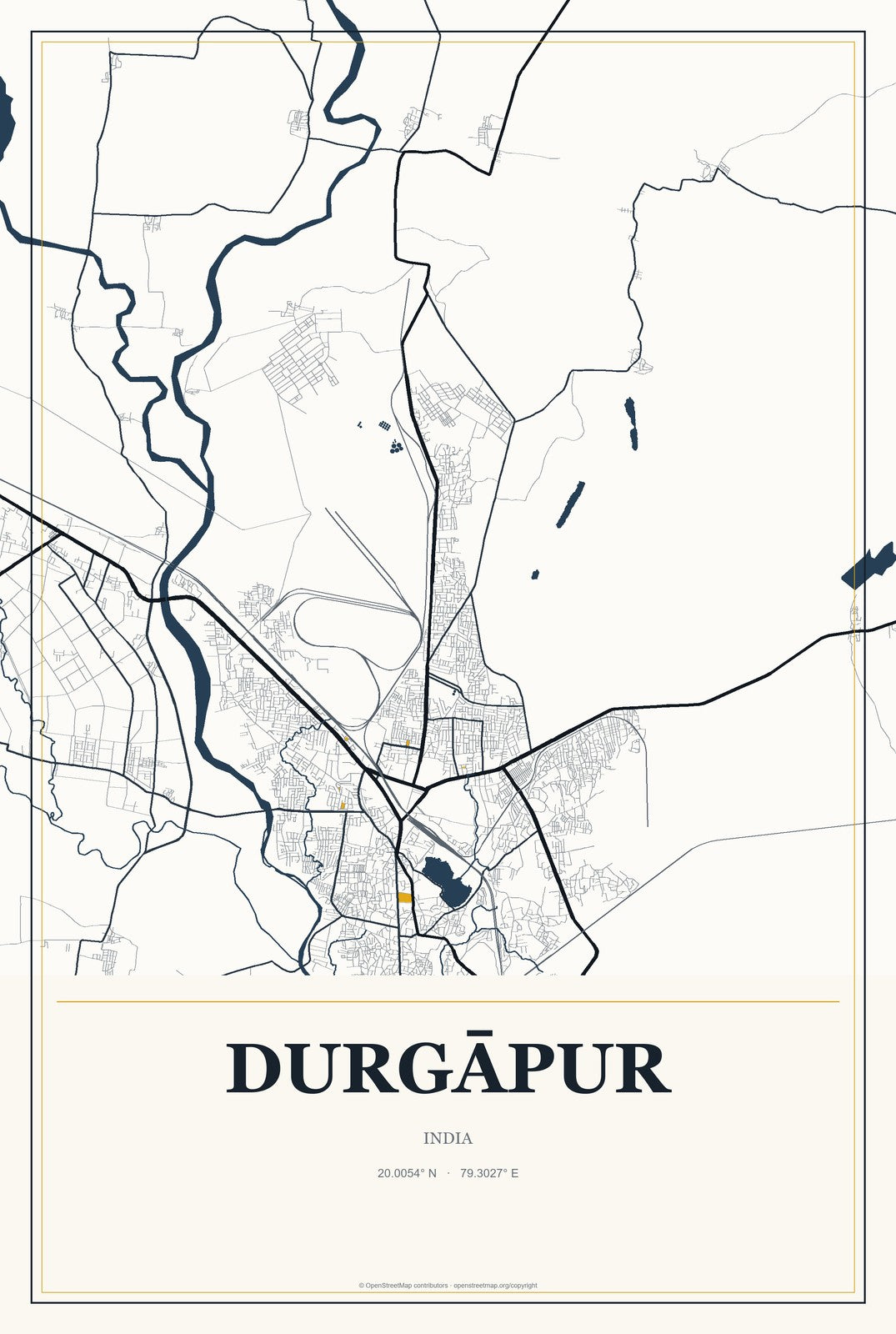 Durgāpur, India City Map Aluminum Sign in Citrine Modern style