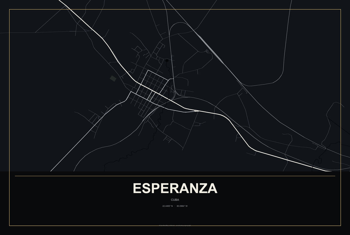 Esperanza, Cuba City Map Aluminum Sign in Metropolitan Noir style