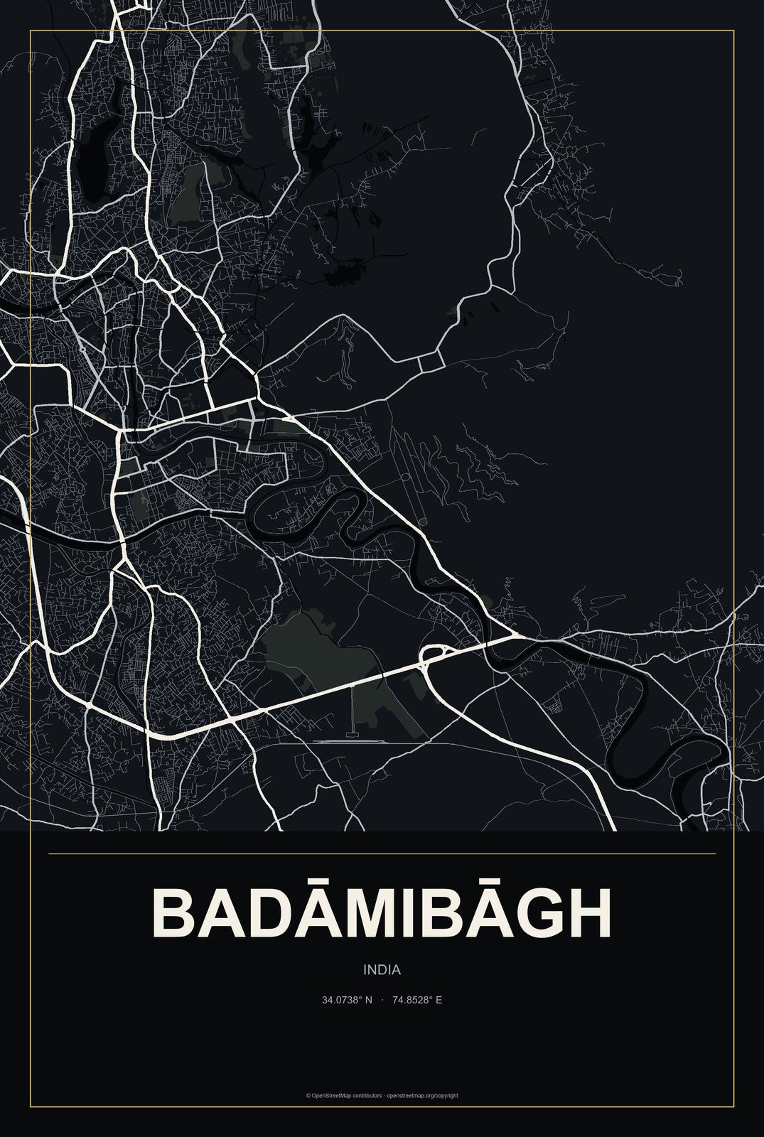 Badāmibāgh, India City Map Aluminum Sign in Metropolitan Noir style