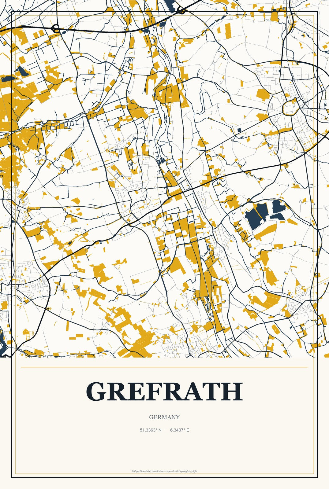 Grefrath, Germany City Map Aluminum Sign in Citrine Modern style