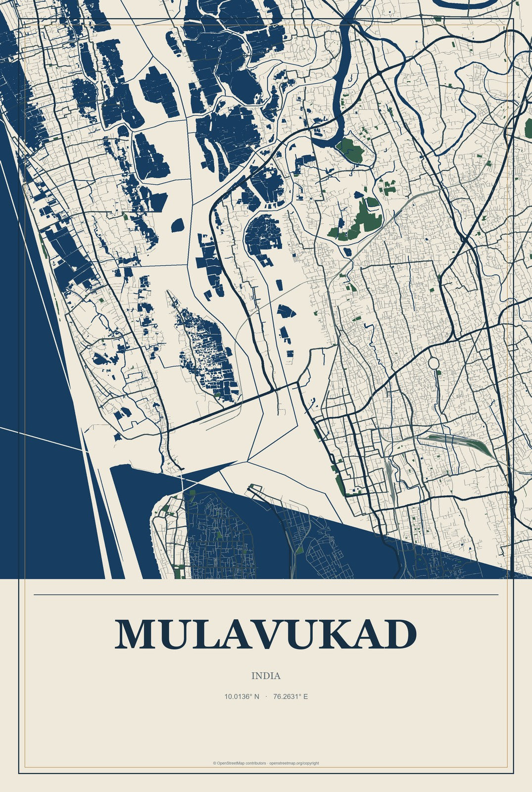 Mulavukad, India City Map Aluminum Sign in Coastal Cutout style