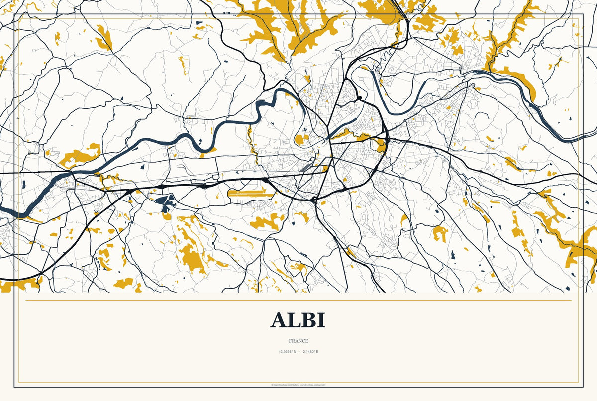 Albi, France City Map Aluminum Sign in Citrine Modern style
