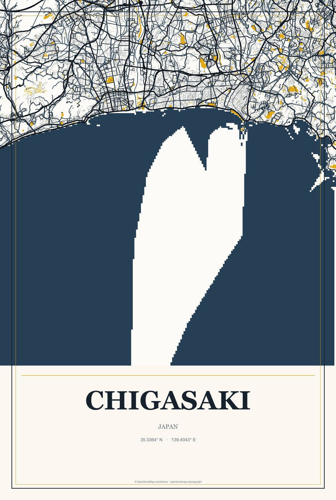 Chigasaki, Japan City Map Aluminum Sign in Citrine Modern style