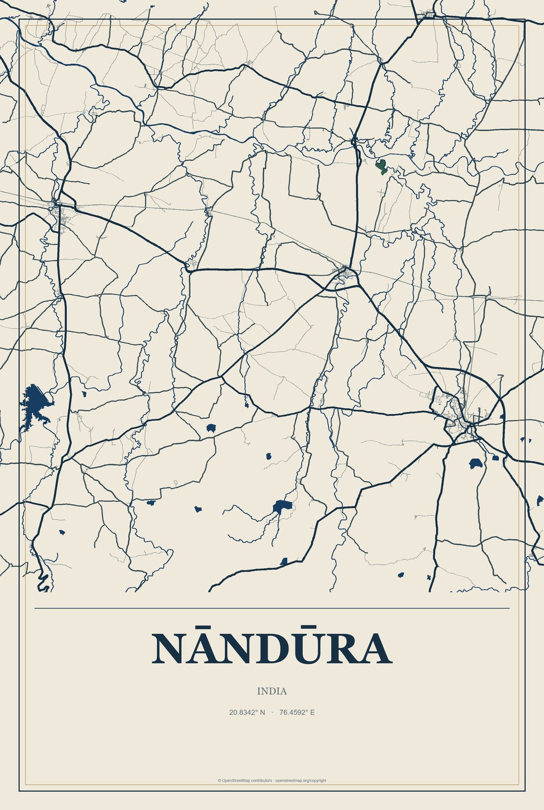 Nāndūra, India City Map Aluminum Sign in Coastal Cutout style