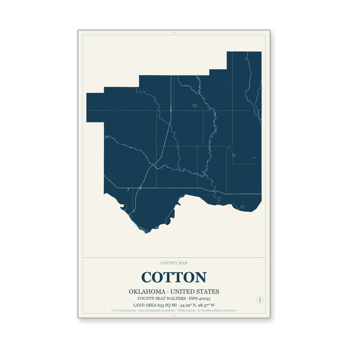 Cotton County, Oklahoma Map Aluminum Sign in Coastal Cutout style
