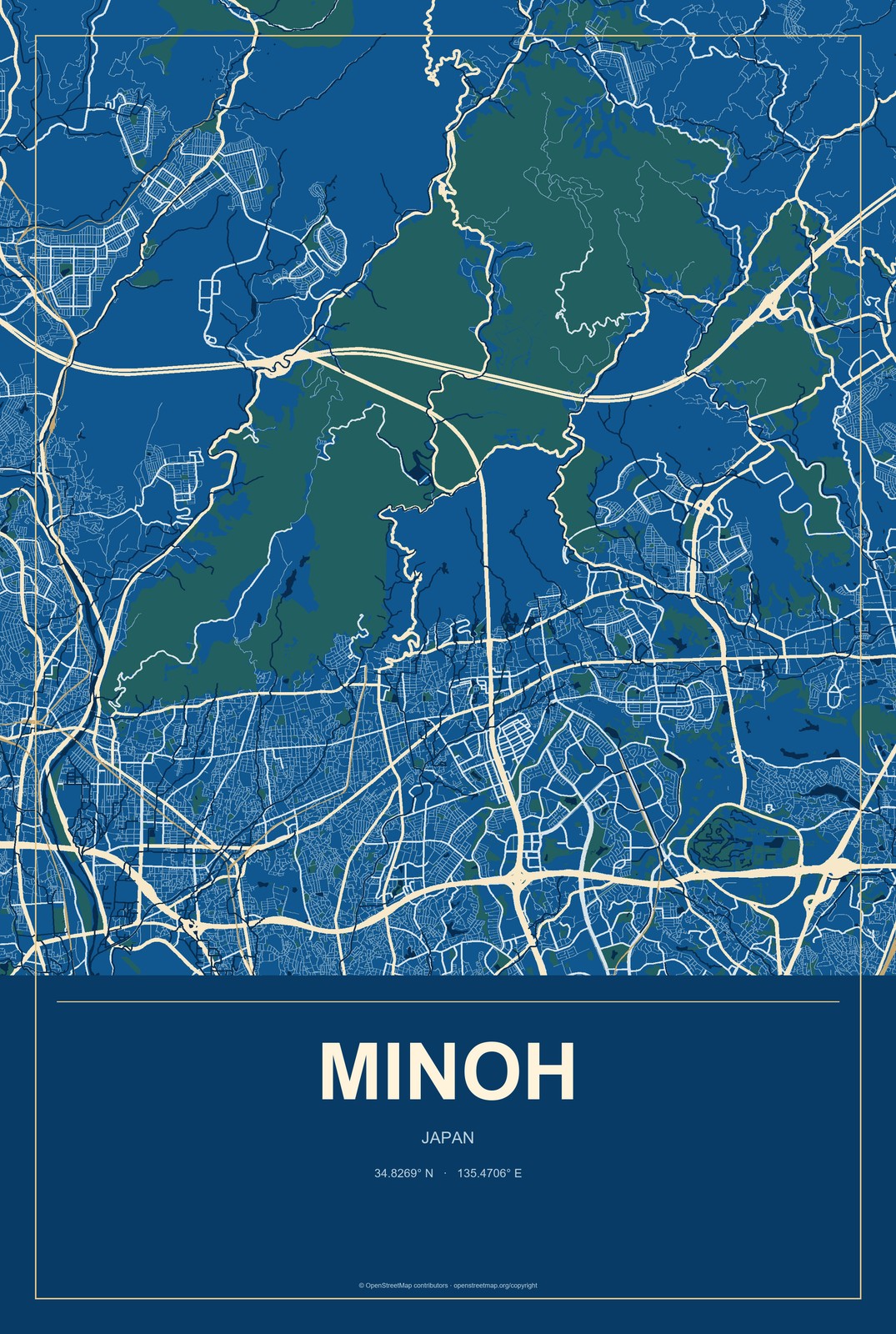 Minoh, Japan City Map Aluminum Sign in Harbor Cobalt style