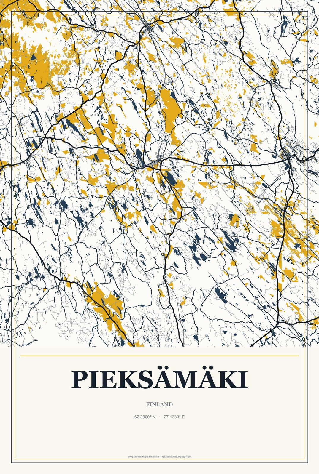 Pieksämäki, Finland City Map Aluminum Sign in Citrine Modern style