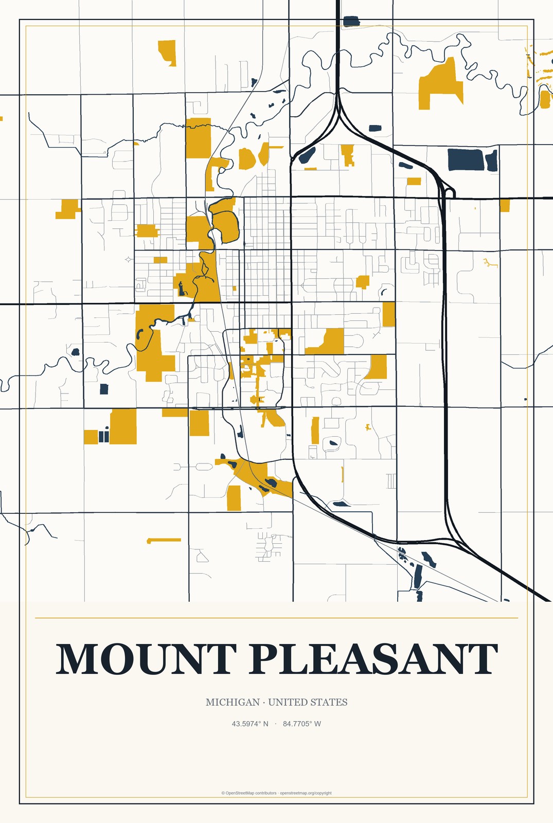 Mount Pleasant, Michigan City Map Aluminum Sign in Citrine Modern style