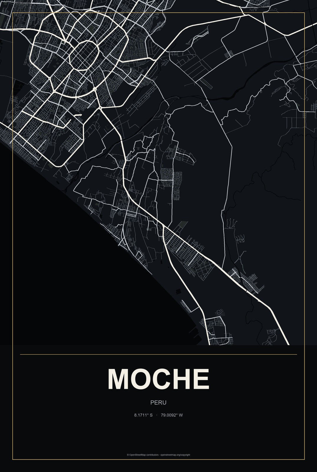 Moche, Peru City Map Aluminum Sign in Metropolitan Noir style